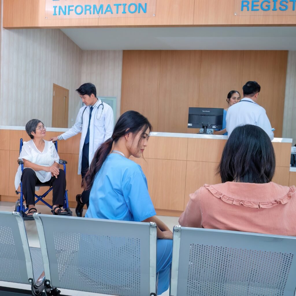 Assistant helping senior in hospital | Caregiver coordinating appointment