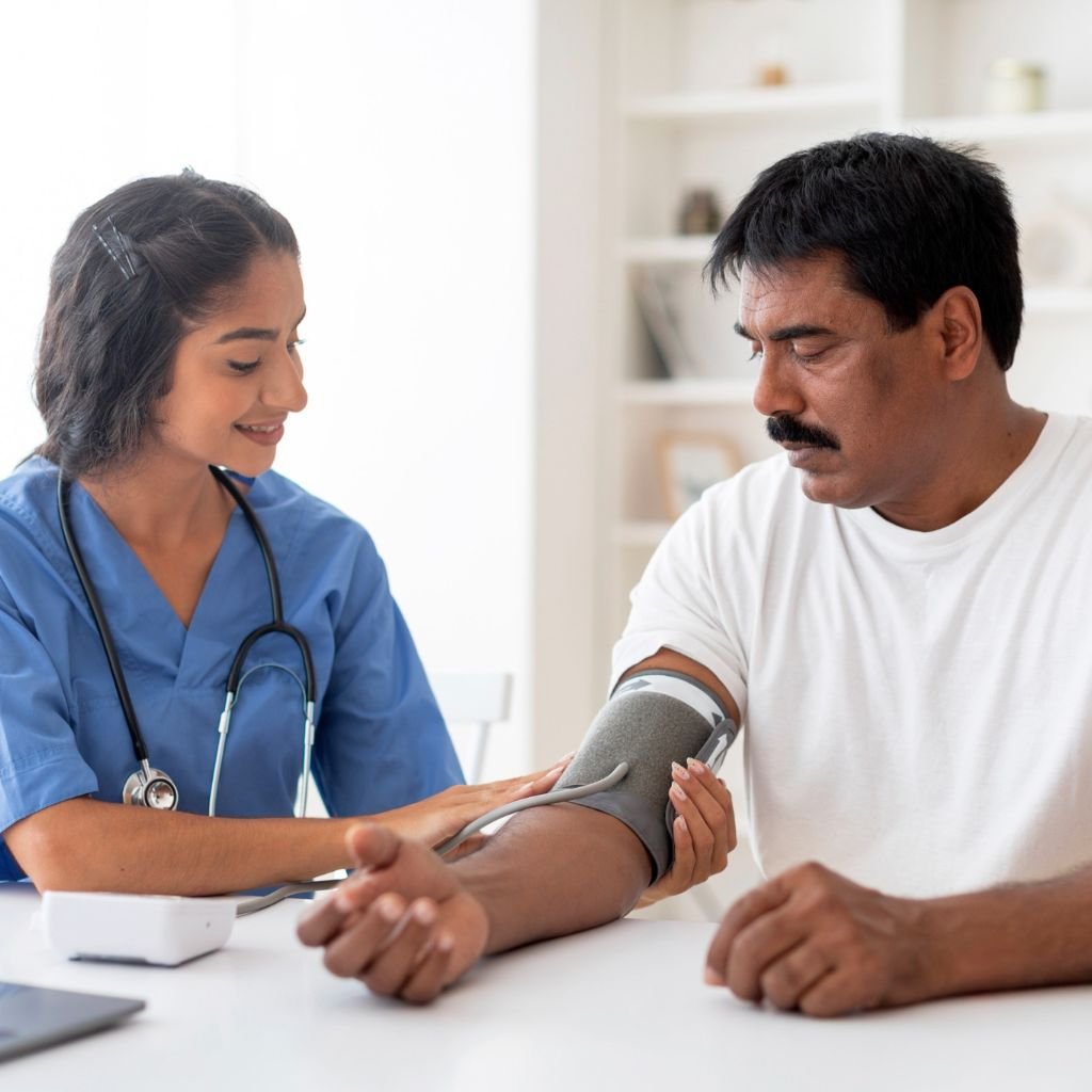 Doctor checking patient at home | Nurse taking vitals in home setting