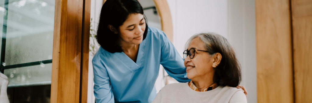 Home nursing service at Care247”, Physiotherapy at home for seniors”, Female caregiver supporting new mother”, “Elderly patient receiving home care in India.