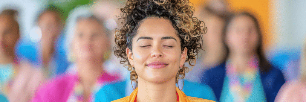 “woman practicing deep breathing for stress relief,” “daily stress self-assessment checklist,”