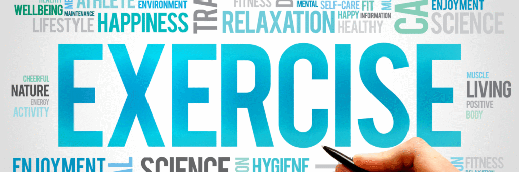 Word cloud highlighting the importance of exercise for health, fitness, relaxation, and wellbeing.