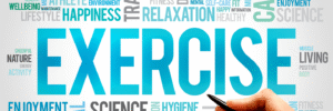 Word cloud highlighting the importance of exercise for health, fitness, relaxation, and wellbeing.