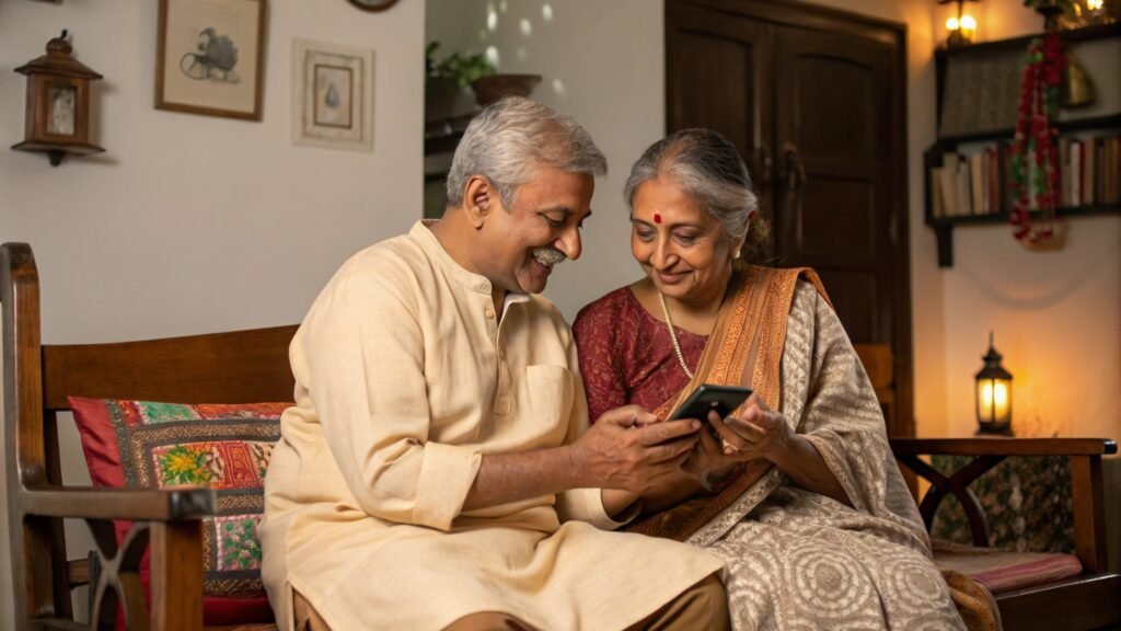 Indian family at home with caregiver supporting both elderly and child care needs
