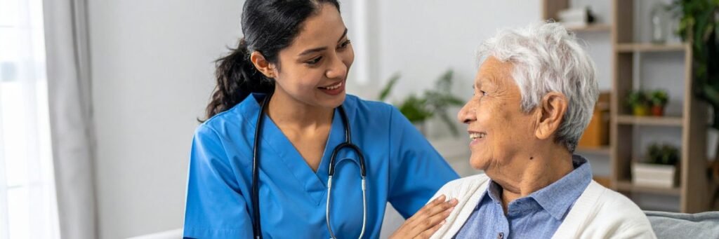 Professional home nurse caring for an elderly patient in a comfortable home setting in India